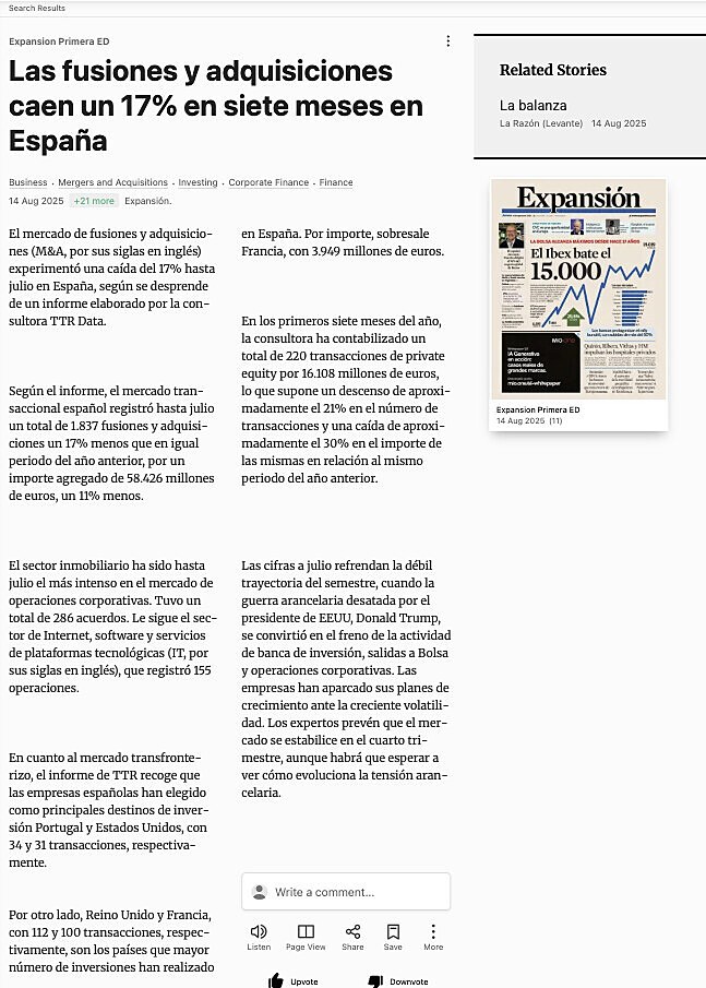 Las fusiones y adquisiciones caen un 17% en siete meses en Espaa